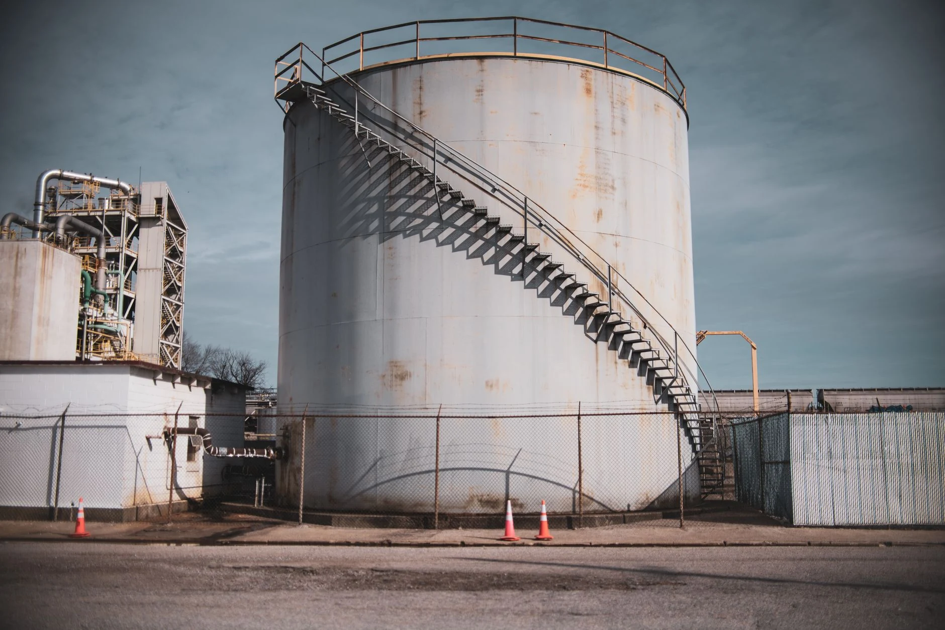 Industrial biogas upgrading tanks and renewable bioenergy plant.